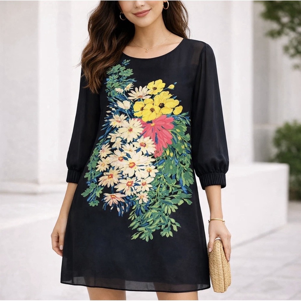 Tibi Silk Shift Dress Black Floral Print 3/4 Sleeve Luxe Designer Womens 6
